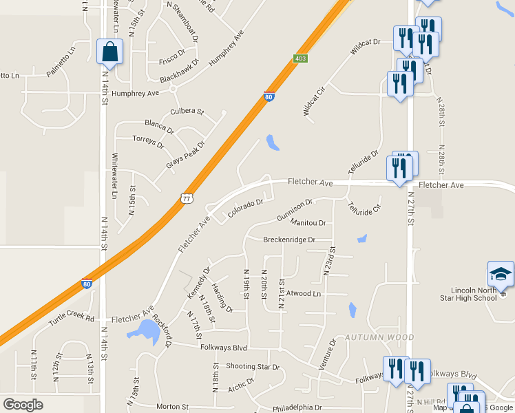 map of restaurants, bars, coffee shops, grocery stores, and more near 2111 Colorado Drive in Lincoln