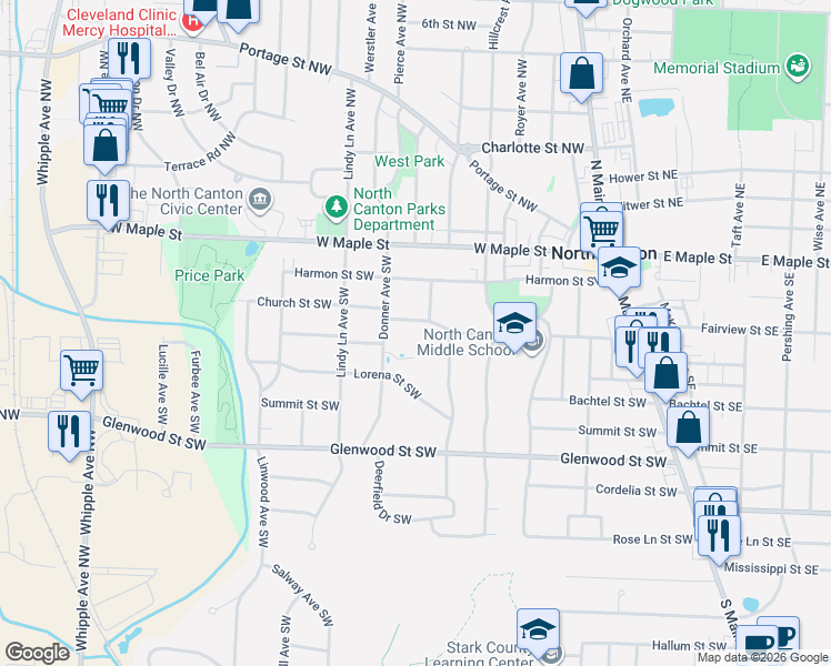 map of restaurants, bars, coffee shops, grocery stores, and more near 612 Church Street Southwest in North Canton