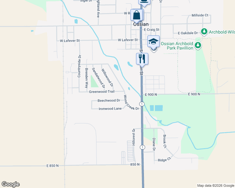 map of restaurants, bars, coffee shops, grocery stores, and more near 309 Greenwood Trail in Ossian