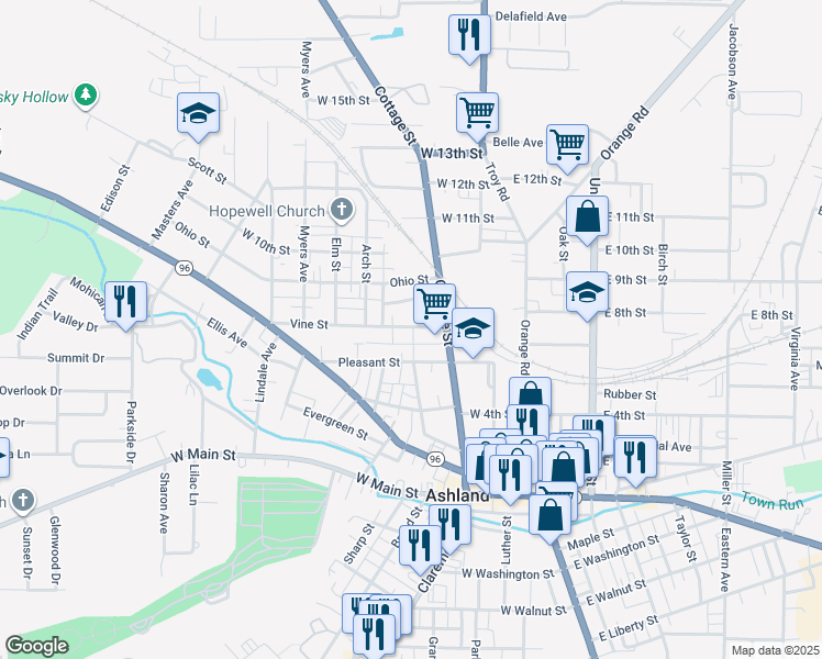map of restaurants, bars, coffee shops, grocery stores, and more near 235 Vine St in Ashland