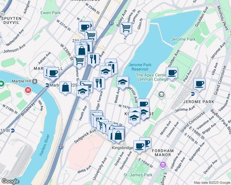 map of restaurants, bars, coffee shops, grocery stores, and more near 2856 Webb Avenue in Bronx