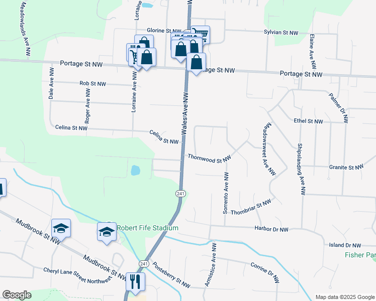 map of restaurants, bars, coffee shops, grocery stores, and more near 6985 Thornwood Street Northwest in Canton