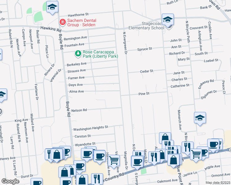 map of restaurants, bars, coffee shops, grocery stores, and more near 4 Alma Avenue in Selden
