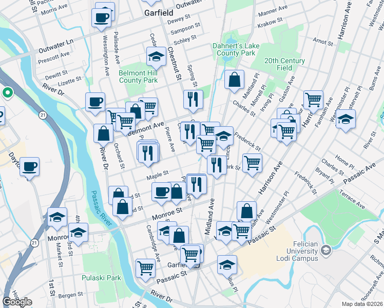 map of restaurants, bars, coffee shops, grocery stores, and more near 160 Van Winkle Avenue in Garfield