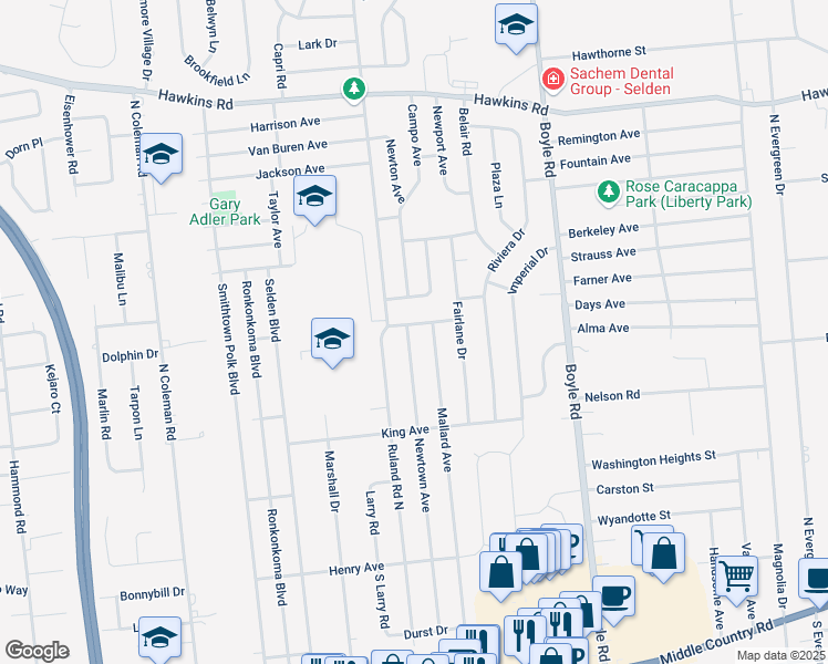 map of restaurants, bars, coffee shops, grocery stores, and more near 49 Newtown Avenue in Selden