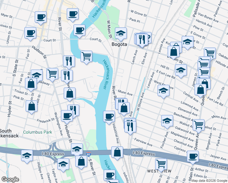 map of restaurants, bars, coffee shops, grocery stores, and more near 136 River Road in Bogota
