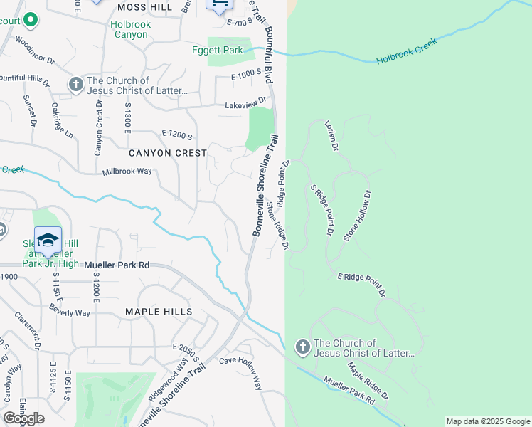 map of restaurants, bars, coffee shops, grocery stores, and more near 1596 Stone Ridge Drive in Bountiful