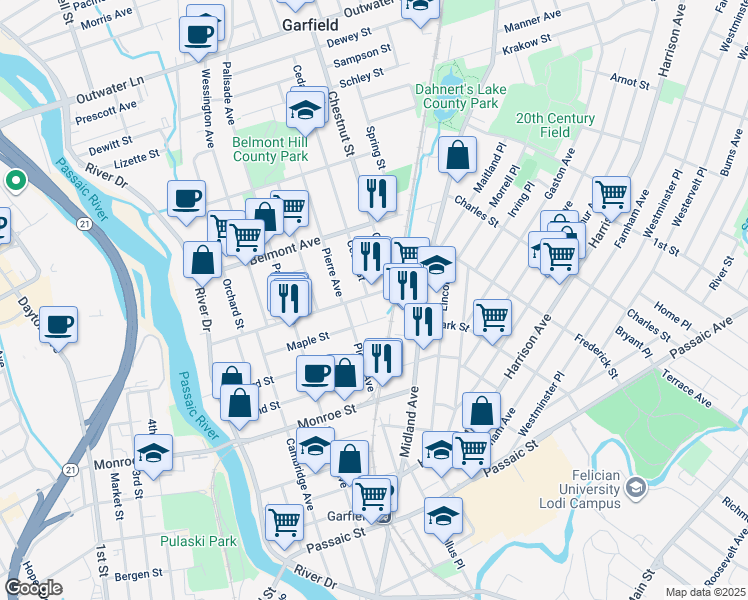 map of restaurants, bars, coffee shops, grocery stores, and more near 160 Van Winkle Avenue in Garfield