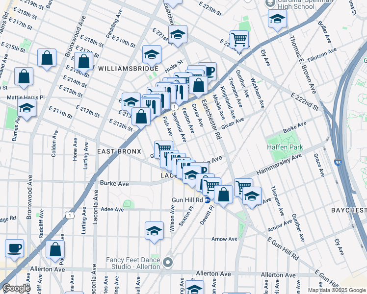map of restaurants, bars, coffee shops, grocery stores, and more near 1386 Givan Avenue in Bronx