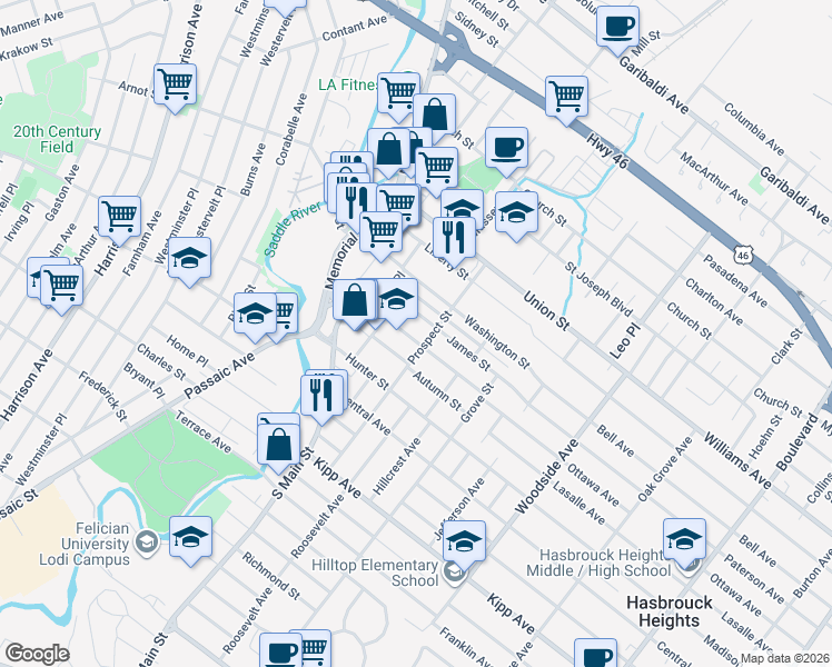 map of restaurants, bars, coffee shops, grocery stores, and more near 46 Spring Street in Lodi
