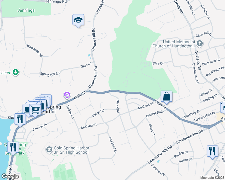 map of restaurants, bars, coffee shops, grocery stores, and more near 511 New York 25A in Cold Spring Harbor