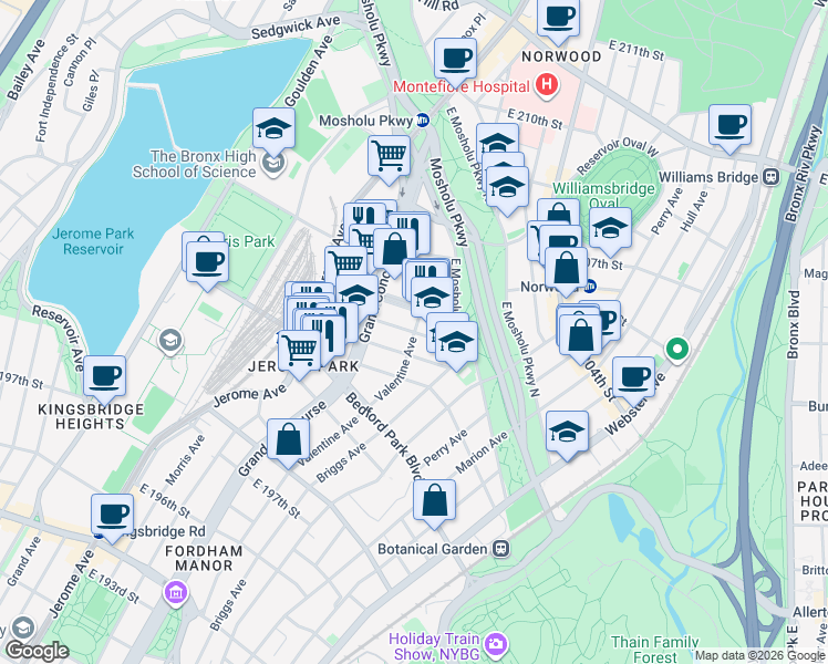 map of restaurants, bars, coffee shops, grocery stores, and more near East 203rd Street in Bronx