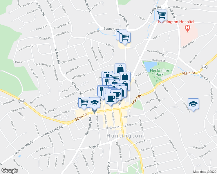 map of restaurants, bars, coffee shops, grocery stores, and more near 65 Wall Street in Huntington