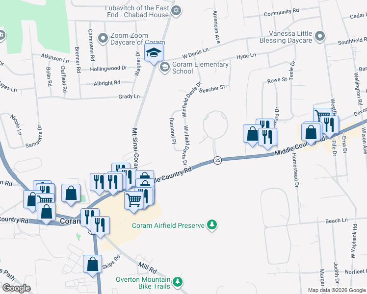 map of restaurants, bars, coffee shops, grocery stores, and more near 40 Winfield Davis Drive in Coram