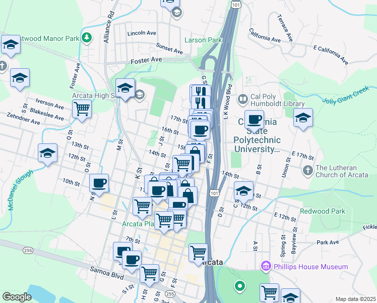 map of restaurants, bars, coffee shops, grocery stores, and more near 1401 G Street in Arcata