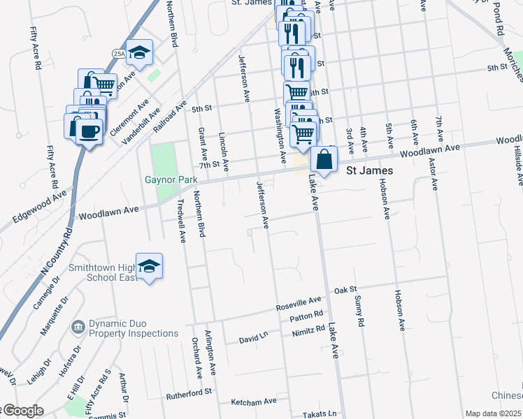 map of restaurants, bars, coffee shops, grocery stores, and more near 208 Jefferson Avenue in Saint James