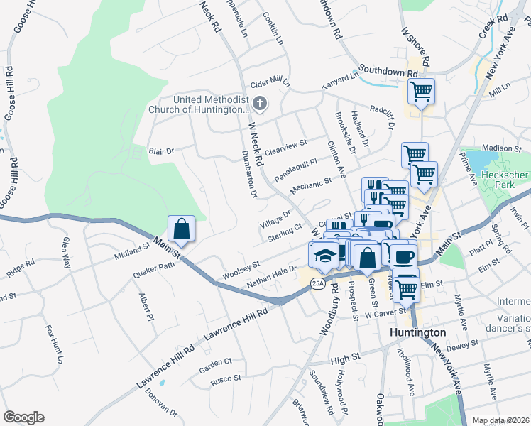 map of restaurants, bars, coffee shops, grocery stores, and more near 9 Bronze Court in Huntington