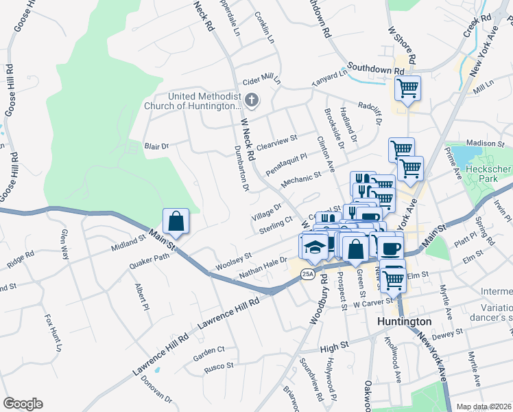 map of restaurants, bars, coffee shops, grocery stores, and more near 9 Bronze Court in Huntington