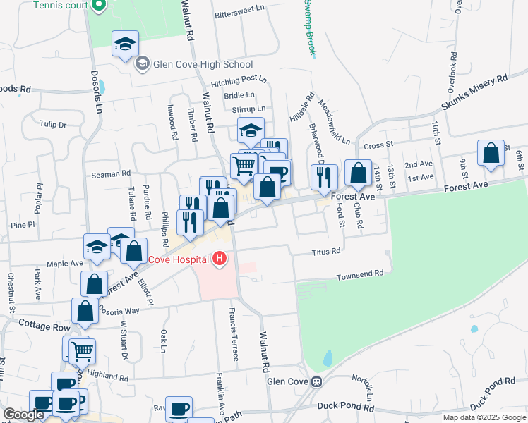 map of restaurants, bars, coffee shops, grocery stores, and more near 62 Forest Avenue in Glen Cove
