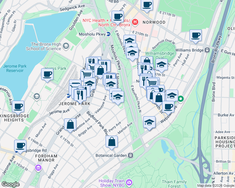 map of restaurants, bars, coffee shops, grocery stores, and more near 265 East 203rd Street in Bronx