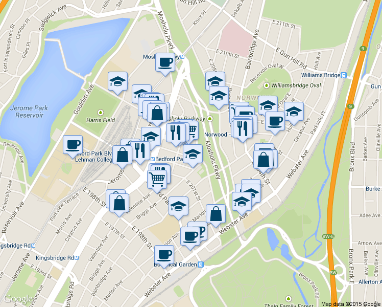 map of restaurants, bars, coffee shops, grocery stores, and more near 265 East 203rd Street in Bronx
