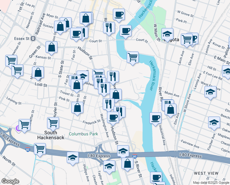 map of restaurants, bars, coffee shops, grocery stores, and more near 160 South River Street in Hackensack