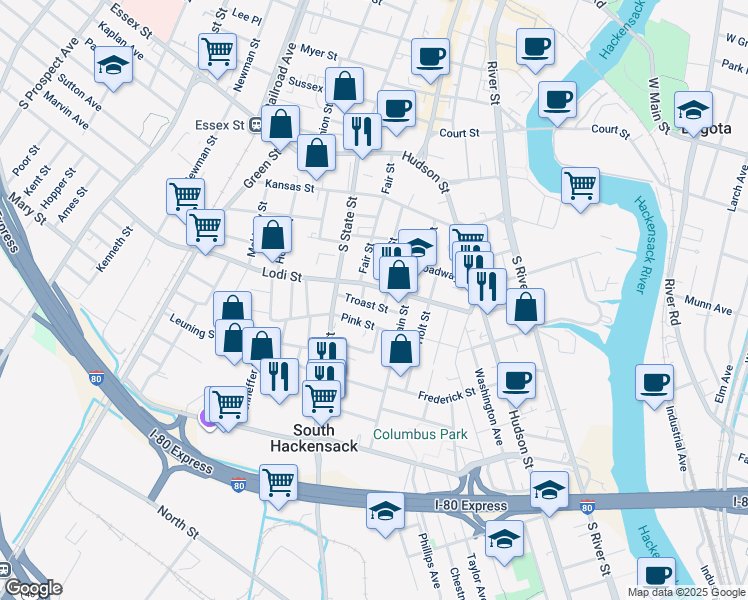 map of restaurants, bars, coffee shops, grocery stores, and more near 105 Troast Street in Hackensack