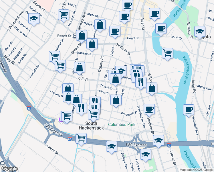 map of restaurants, bars, coffee shops, grocery stores, and more near 105 Troast Street in Hackensack