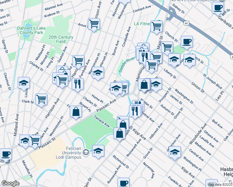 map of restaurants, bars, coffee shops, grocery stores, and more near 435 Passaic Avenue in Lodi