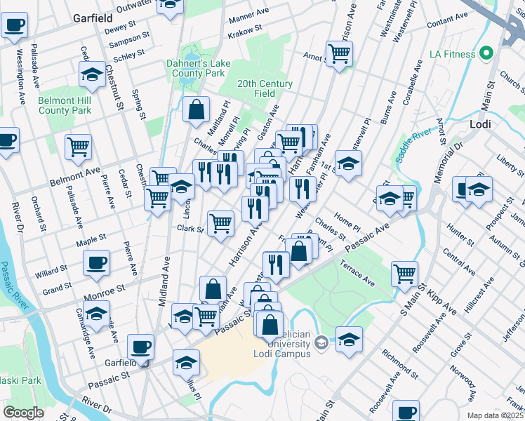 map of restaurants, bars, coffee shops, grocery stores, and more near 209 Harrison Avenue in Garfield
