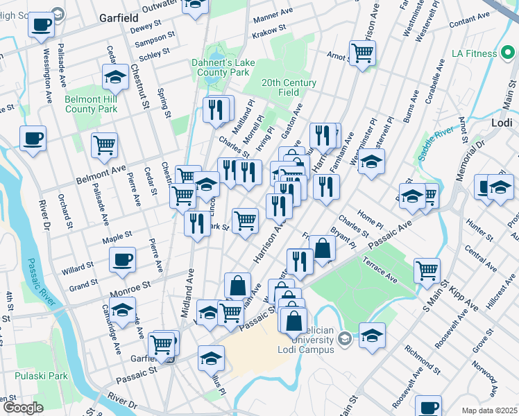map of restaurants, bars, coffee shops, grocery stores, and more near 107 Frederick Street in Garfield