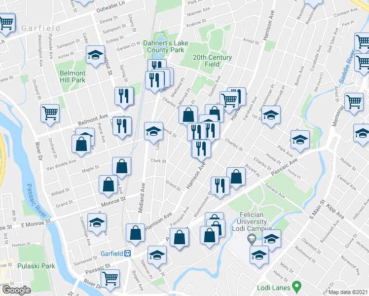 map of restaurants, bars, coffee shops, grocery stores, and more near 107 Frederick Street in Garfield