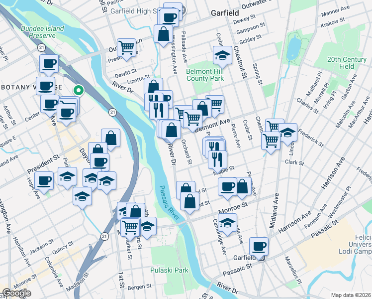map of restaurants, bars, coffee shops, grocery stores, and more near 30 Orchard Street in Garfield