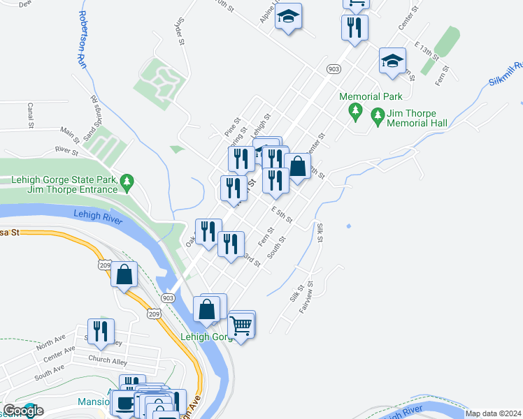 map of restaurants, bars, coffee shops, grocery stores, and more near 424 Center Street in Jim Thorpe