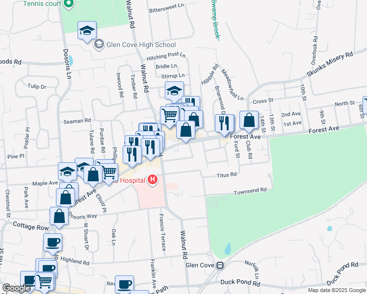 map of restaurants, bars, coffee shops, grocery stores, and more near 62 Forest Avenue in Glen Cove