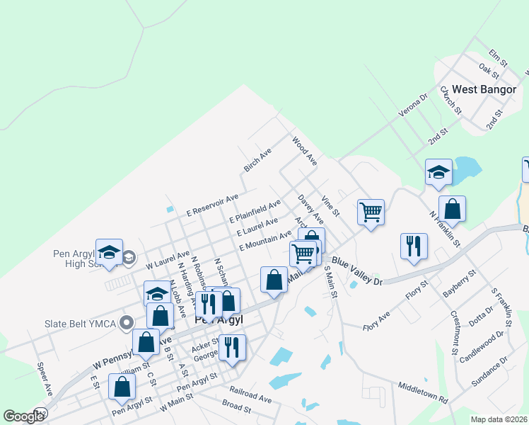 map of restaurants, bars, coffee shops, grocery stores, and more near 407 East Plainfield Avenue in Pen Argyl