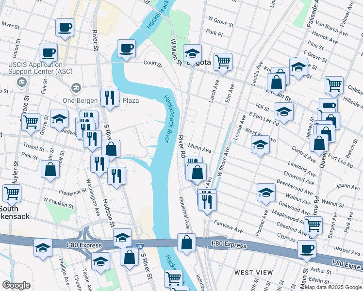 map of restaurants, bars, coffee shops, grocery stores, and more near 138 River Road in Bogota
