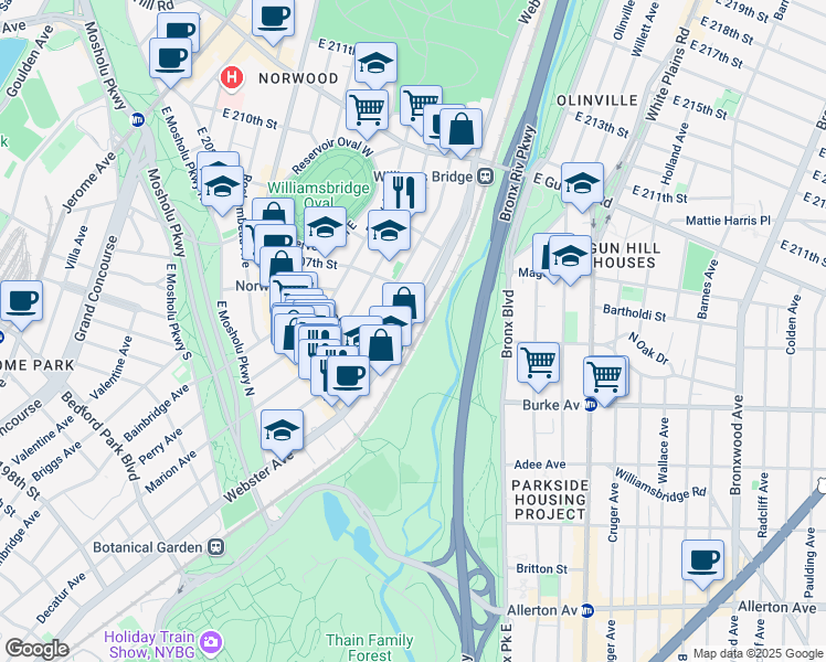 map of restaurants, bars, coffee shops, grocery stores, and more near 3204 Webster Avenue in Bronx