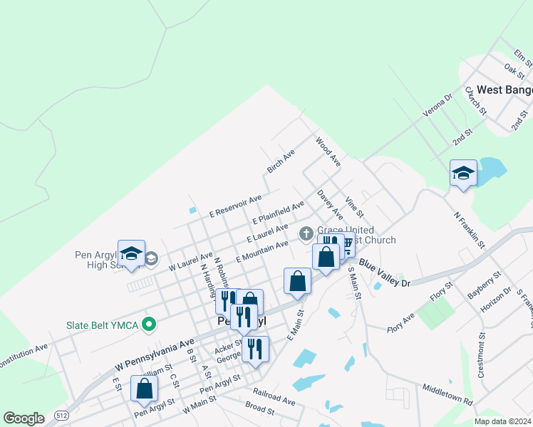map of restaurants, bars, coffee shops, grocery stores, and more near 305 East Plainfield Avenue in Pen Argyl