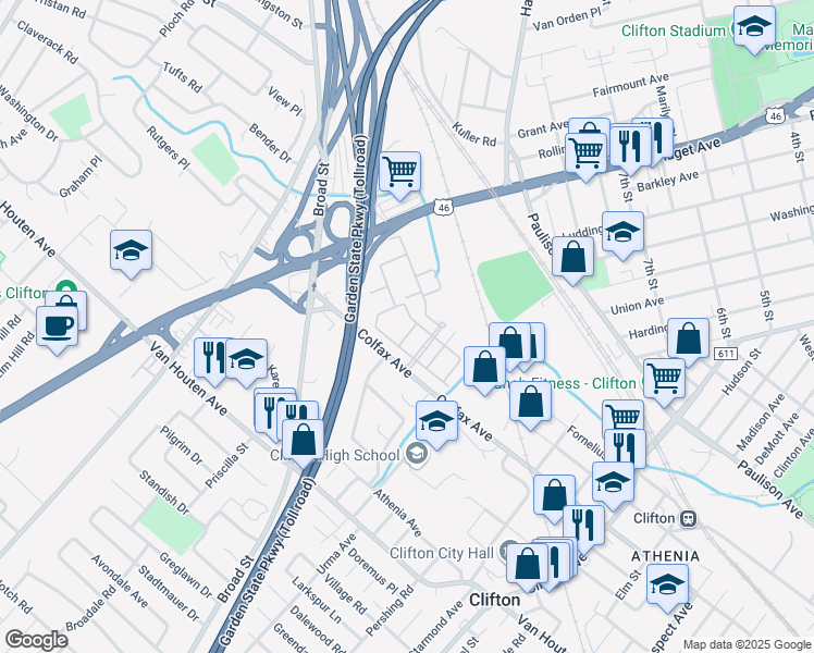 map of restaurants, bars, coffee shops, grocery stores, and more near 36 Barrister Street in Clifton