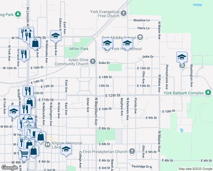 map of restaurants, bars, coffee shops, grocery stores, and more near 1302 Kiplinger Avenue in York