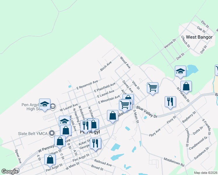 map of restaurants, bars, coffee shops, grocery stores, and more near 407 East Plainfield Avenue in Pen Argyl