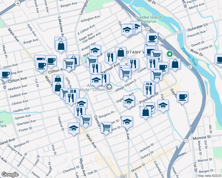 map of restaurants, bars, coffee shops, grocery stores, and more near 153 Center Street in Clifton