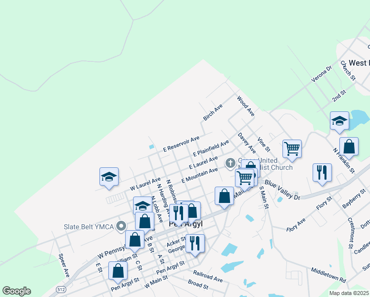 map of restaurants, bars, coffee shops, grocery stores, and more near 621 North Westbrook Avenue in Pen Argyl