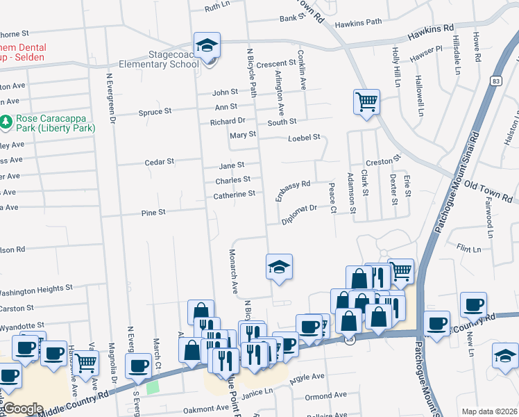 map of restaurants, bars, coffee shops, grocery stores, and more near 110 North Bicycle Path in Selden