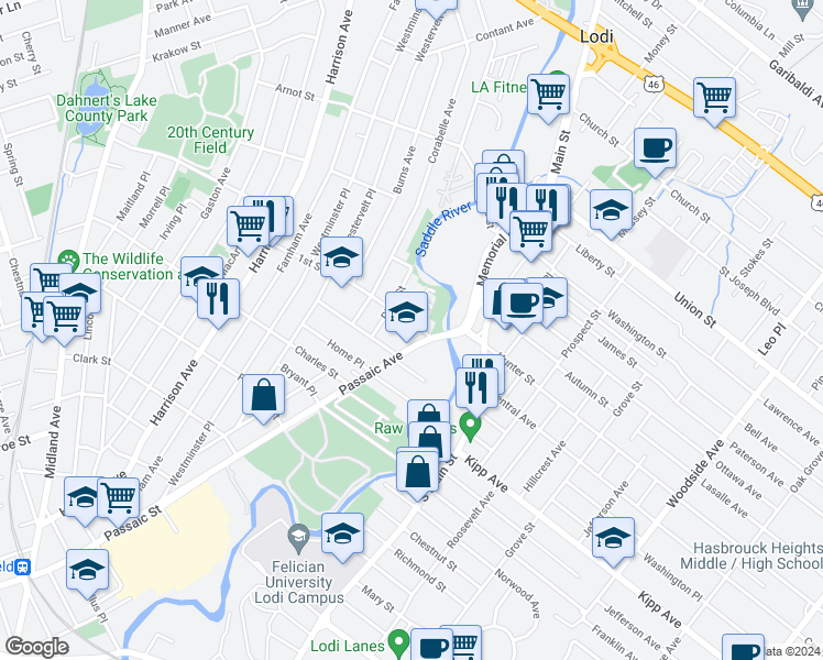 map of restaurants, bars, coffee shops, grocery stores, and more near 15 1st Street in Lodi