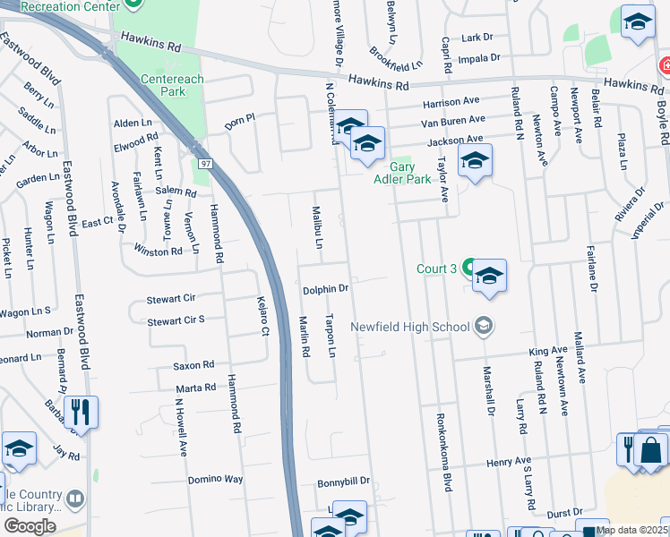 map of restaurants, bars, coffee shops, grocery stores, and more near 4 Porpoise Drive in Centereach