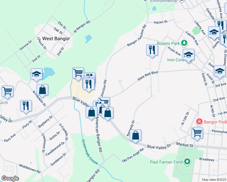 map of restaurants, bars, coffee shops, grocery stores, and more near 812 Slate Belt Boulevard in Bangor