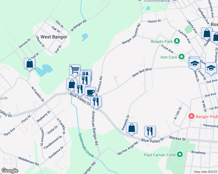 map of restaurants, bars, coffee shops, grocery stores, and more near 812 Slate Belt Boulevard in Bangor
