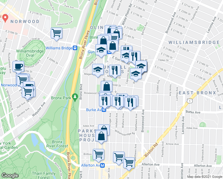map of restaurants, bars, coffee shops, grocery stores, and more near 725 North Oak Drive in Bronx